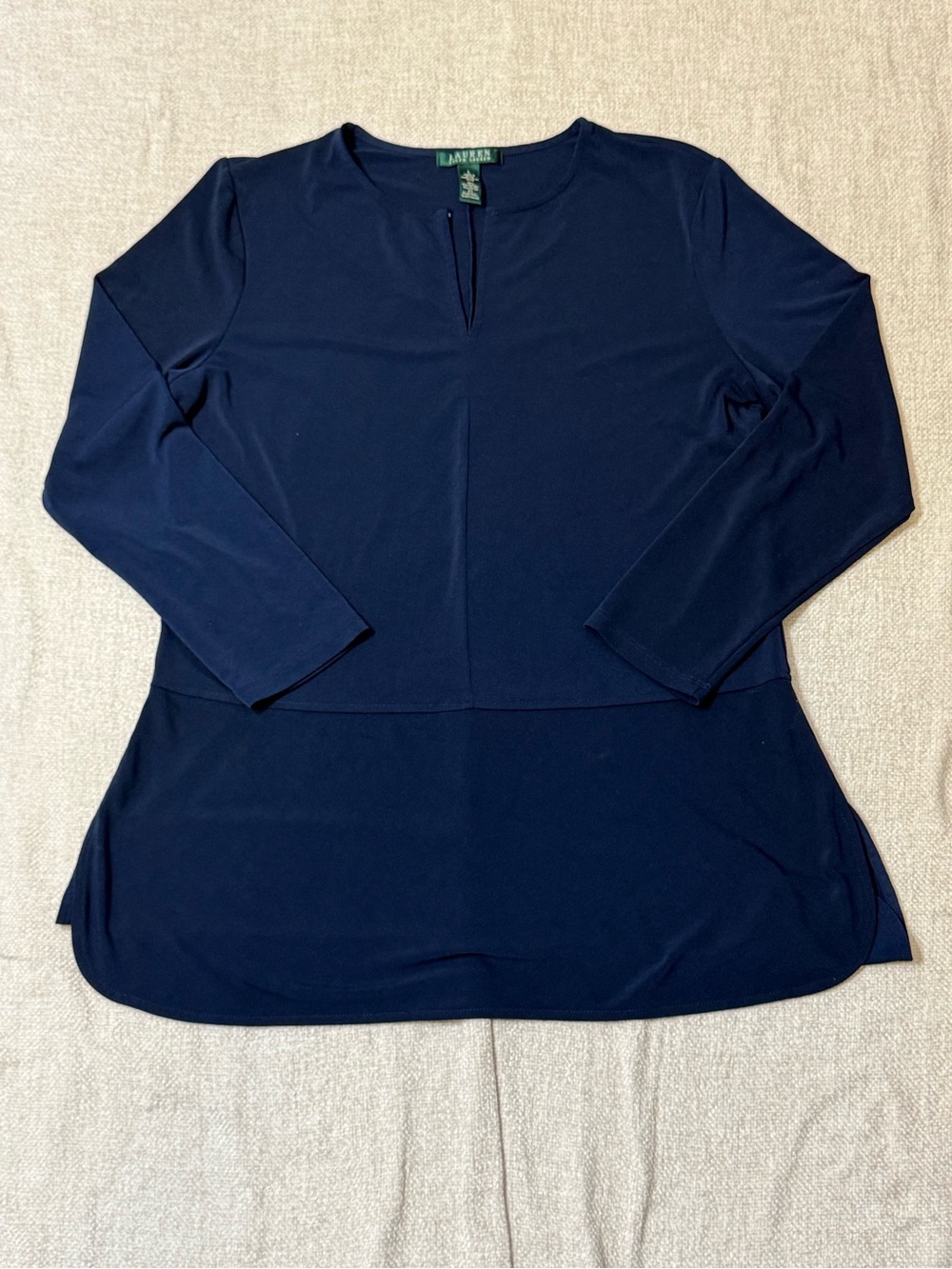 Lauren Ralph Lauren L Navy Keyhole Tunic Top Quiet Luxury Preppy Stretch